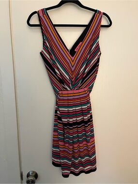 Betsey Johnson Striped V-Neck Midi Dress in Pink, Teal & Black